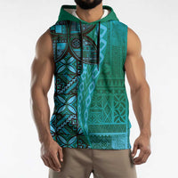 Samoan Pacific Tribal Flower Geometric Art Tattoos Sleeveless Hoodie Siapo Pattern Turquoise Tide LT03 - Polynesian Pride