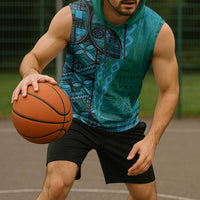 Samoan Pacific Tribal Flower Geometric Art Tattoos Sleeveless Hoodie Siapo Pattern Turquoise Tide LT03 - Polynesian Pride