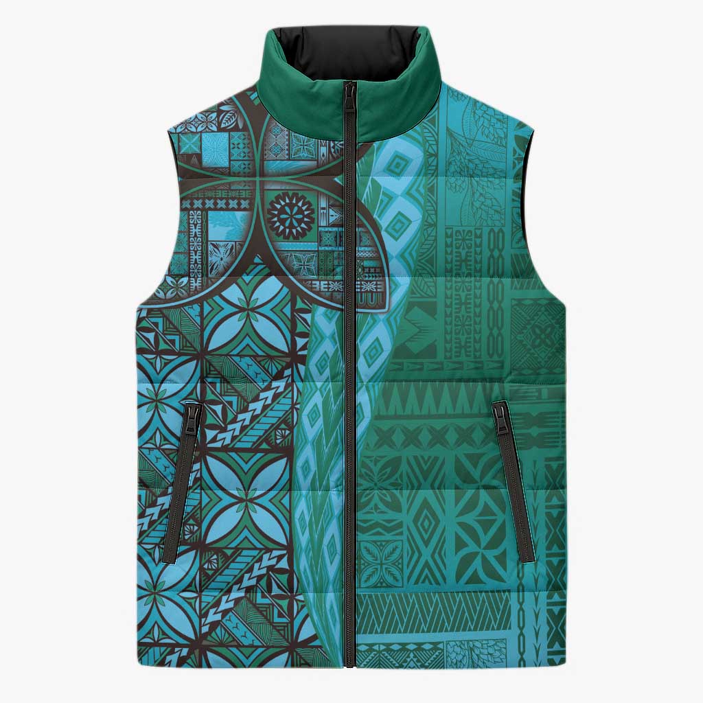 Samoan Pacific Tribal Flower Geometric Art Tattoos Sleeveless Puffer Jacket Siapo Pattern Turquoise Tide LT03 Turquoise - Polynesian Pride