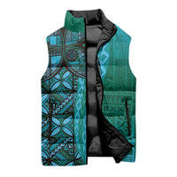 Samoan Pacific Tribal Flower Geometric Art Tattoos Sleeveless Puffer Jacket Siapo Pattern Turquoise Tide LT03 - Polynesian Pride