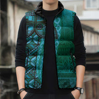 Samoan Pacific Tribal Flower Geometric Art Tattoos Sleeveless Puffer Jacket Siapo Pattern Turquoise Tide LT03 - Polynesian Pride