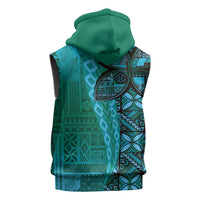 Samoan Pacific Tribal Flower Geometric Art Tattoos Sleeveless Zip Hoodie Siapo Pattern Turquoise Tide - Polynesian Pride