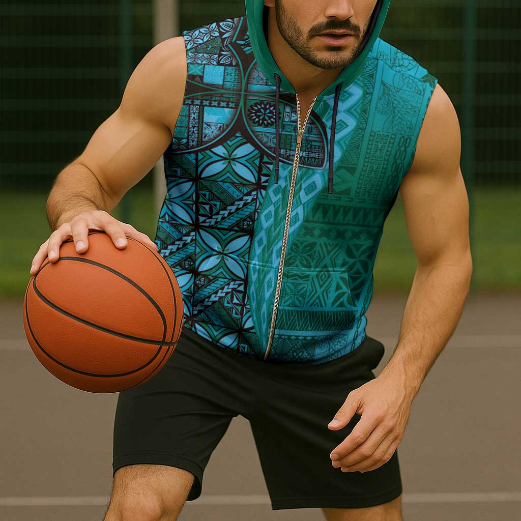 Samoan Pacific Tribal Flower Geometric Art Tattoos Sleeveless Zip Hoodie Siapo Pattern Turquoise Tide - Polynesian Pride