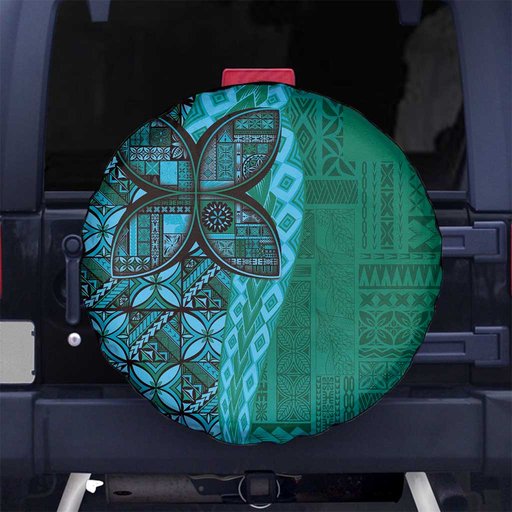 Samoan Pacific Tribal Flower Geometric Art Tattoos Spare Tire Cover Siapo Pattern Turquoise Tide - Polynesian Pride