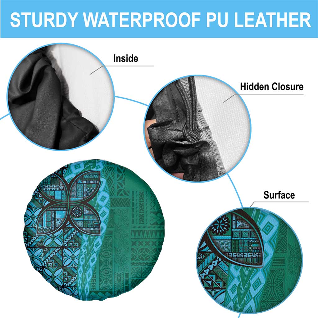 Samoan Pacific Tribal Flower Geometric Art Tattoos Spare Tire Cover Siapo Pattern Turquoise Tide - Polynesian Pride