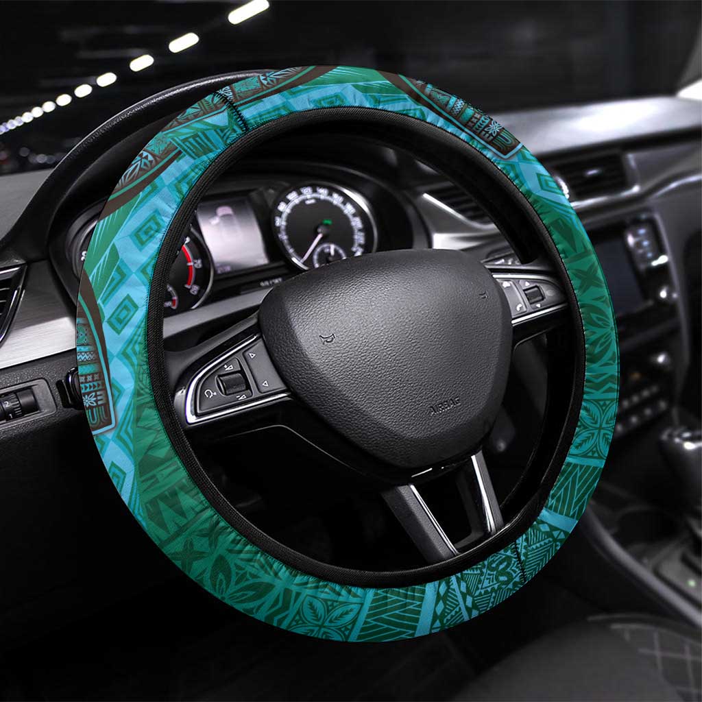 Samoan Pacific Tribal Flower Geometric Art Tattoos Steering Wheel Cover Siapo Pattern Turquoise Tide LT03 Universal Fit Turquoise - Polynesian Pride
