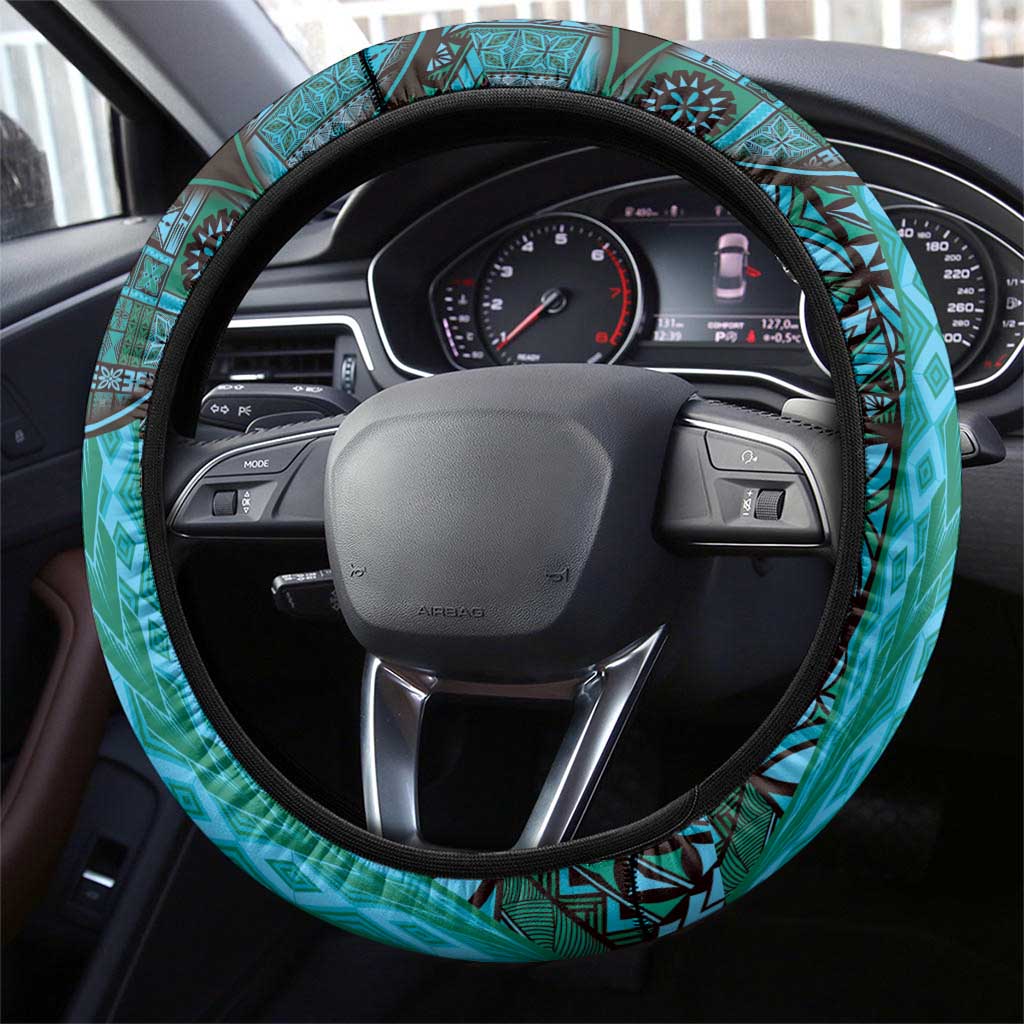 Samoan Pacific Tribal Flower Geometric Art Tattoos Steering Wheel Cover Siapo Pattern Turquoise Tide LT03 - Polynesian Pride