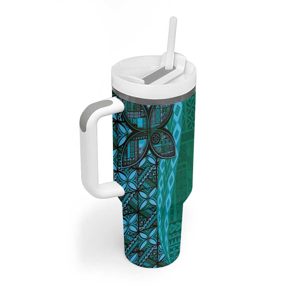 Samoan Pacific Tribal Flower Geometric Art Tattoos Tumbler With Handle Siapo Pattern Turquoise Tide - Polynesian Pride
