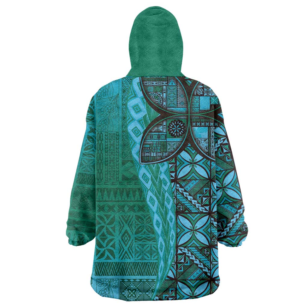 Samoan Pacific Tribal Flower Geometric Art Tattoos Wearable Blanket Hoodie Siapo Pattern Turquoise Tide LT03 - Polynesian Pride