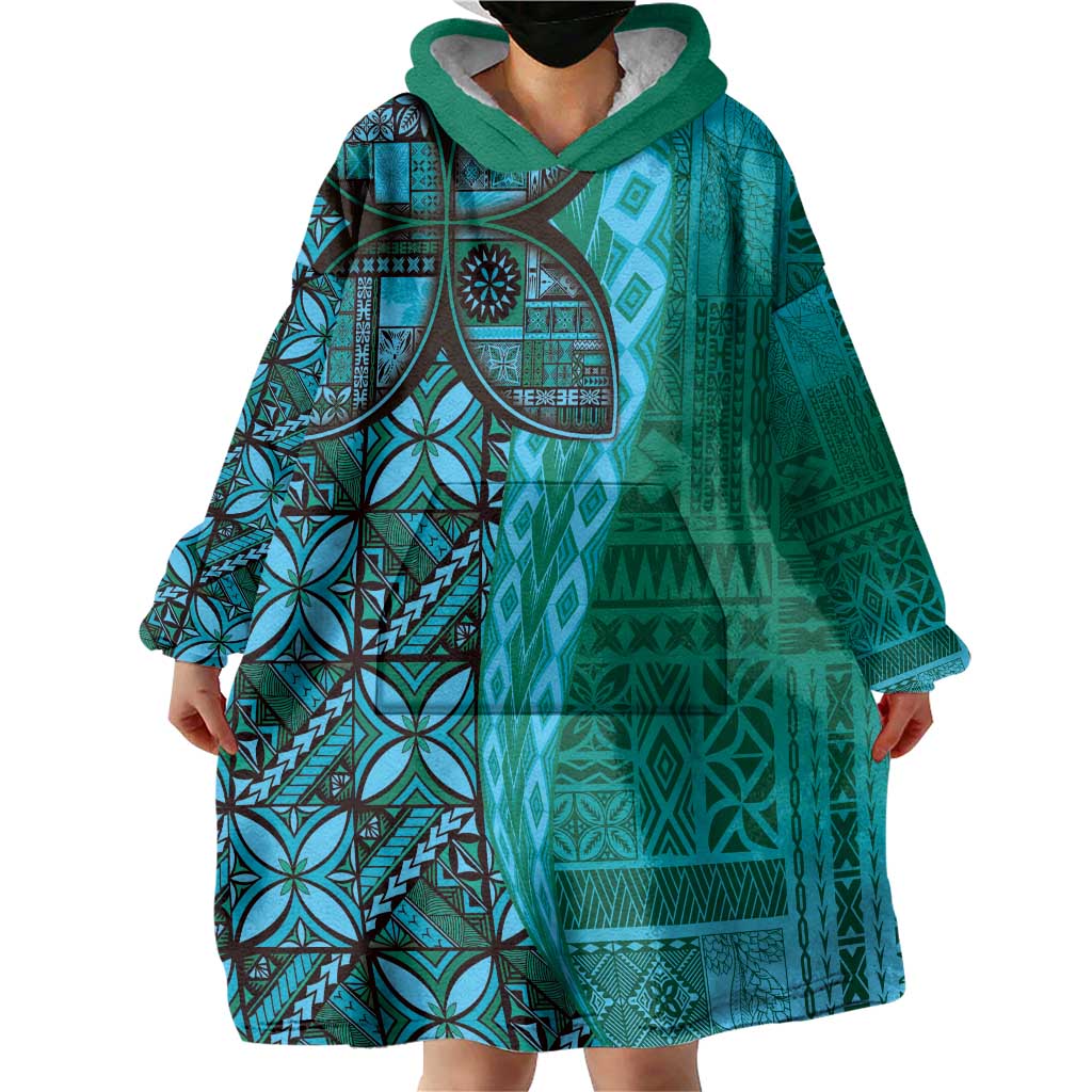 Samoan Pacific Tribal Flower Geometric Art Tattoos Wearable Blanket Hoodie Siapo Pattern Turquoise Tide LT03 - Polynesian Pride