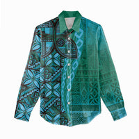Samoan Pacific Tribal Flower Geometric Art Tattoos Women Casual Shirt Siapo Pattern Turquoise Tide - Polynesian Pride