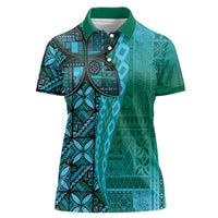 Samoan Pacific Tribal Flower Geometric Art Tattoos Women Polo Shirt Siapo Pattern Turquoise Tide - Polynesian Pride