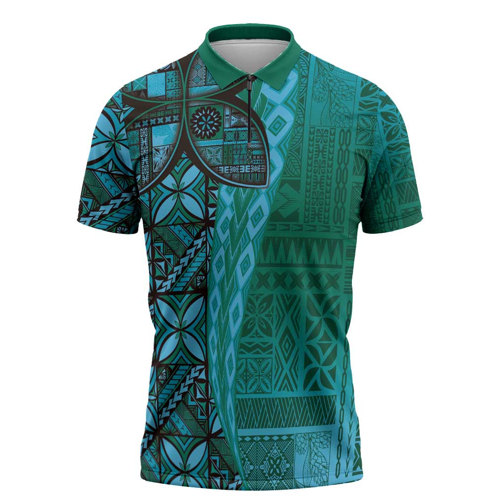 Samoan Pacific Tribal Flower Geometric Art Tattoos Zipper Polo Shirt Siapo Pattern Turquoise Tide LT03 Turquoise - Polynesian Pride