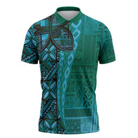 Samoan Pacific Tribal Flower Geometric Art Tattoos Zipper Polo Shirt Siapo Pattern Turquoise Tide LT03 Turquoise - Polynesian Pride