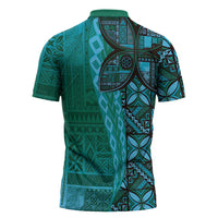 Samoan Pacific Tribal Flower Geometric Art Tattoos Zipper Polo Shirt Siapo Pattern Turquoise Tide LT03 - Polynesian Pride