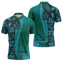 Samoan Pacific Tribal Flower Geometric Art Tattoos Zipper Polo Shirt Siapo Pattern Turquoise Tide LT03 - Polynesian Pride