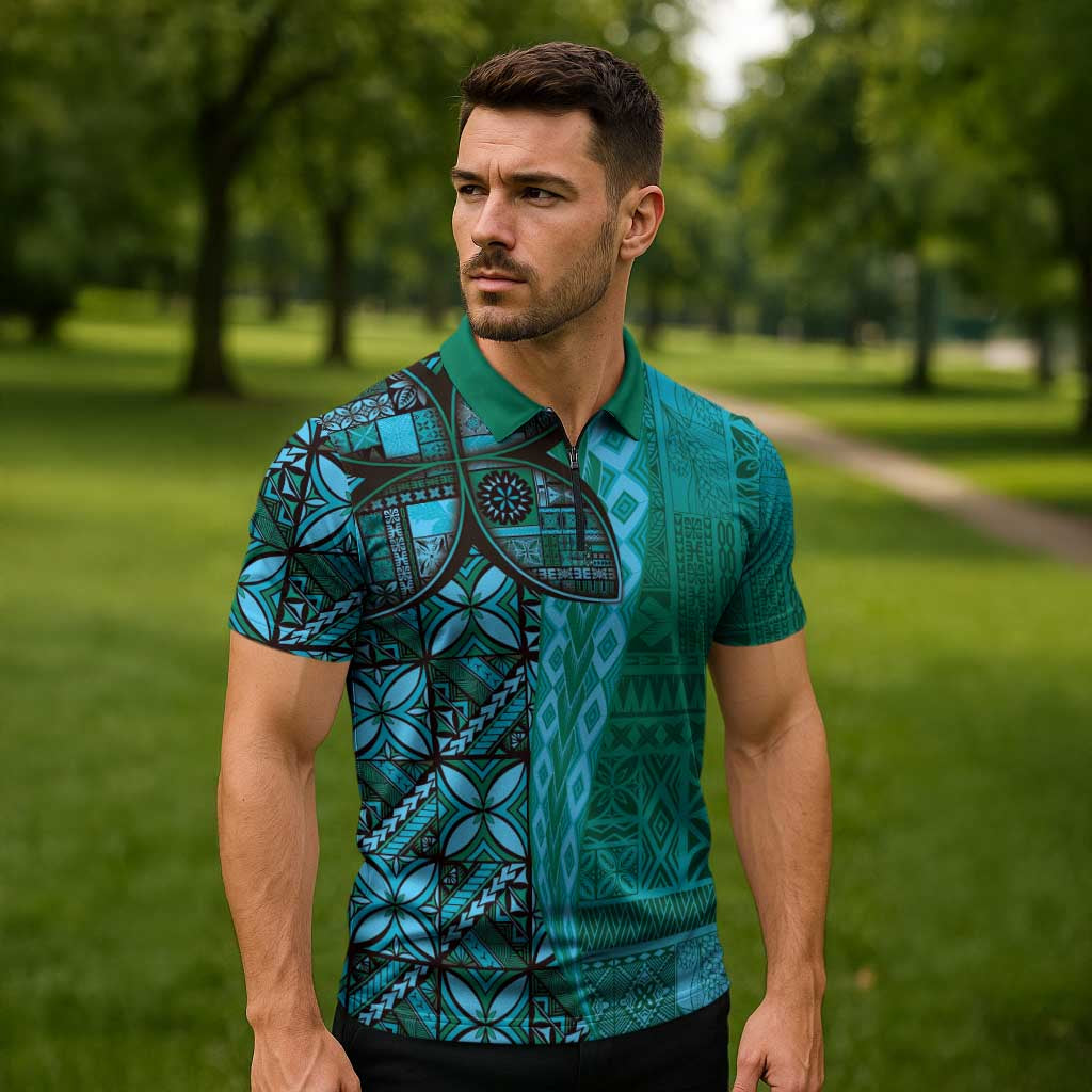 Samoan Pacific Tribal Flower Geometric Art Tattoos Zipper Polo Shirt Siapo Pattern Turquoise Tide LT03 - Polynesian Pride