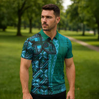 Samoan Pacific Tribal Flower Geometric Art Tattoos Zipper Polo Shirt Siapo Pattern Turquoise Tide LT03 - Polynesian Pride