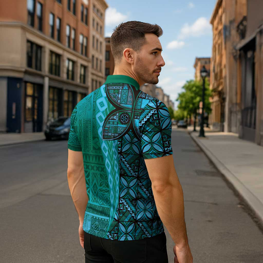 Samoan Pacific Tribal Flower Geometric Art Tattoos Zipper Polo Shirt Siapo Pattern Turquoise Tide LT03 - Polynesian Pride