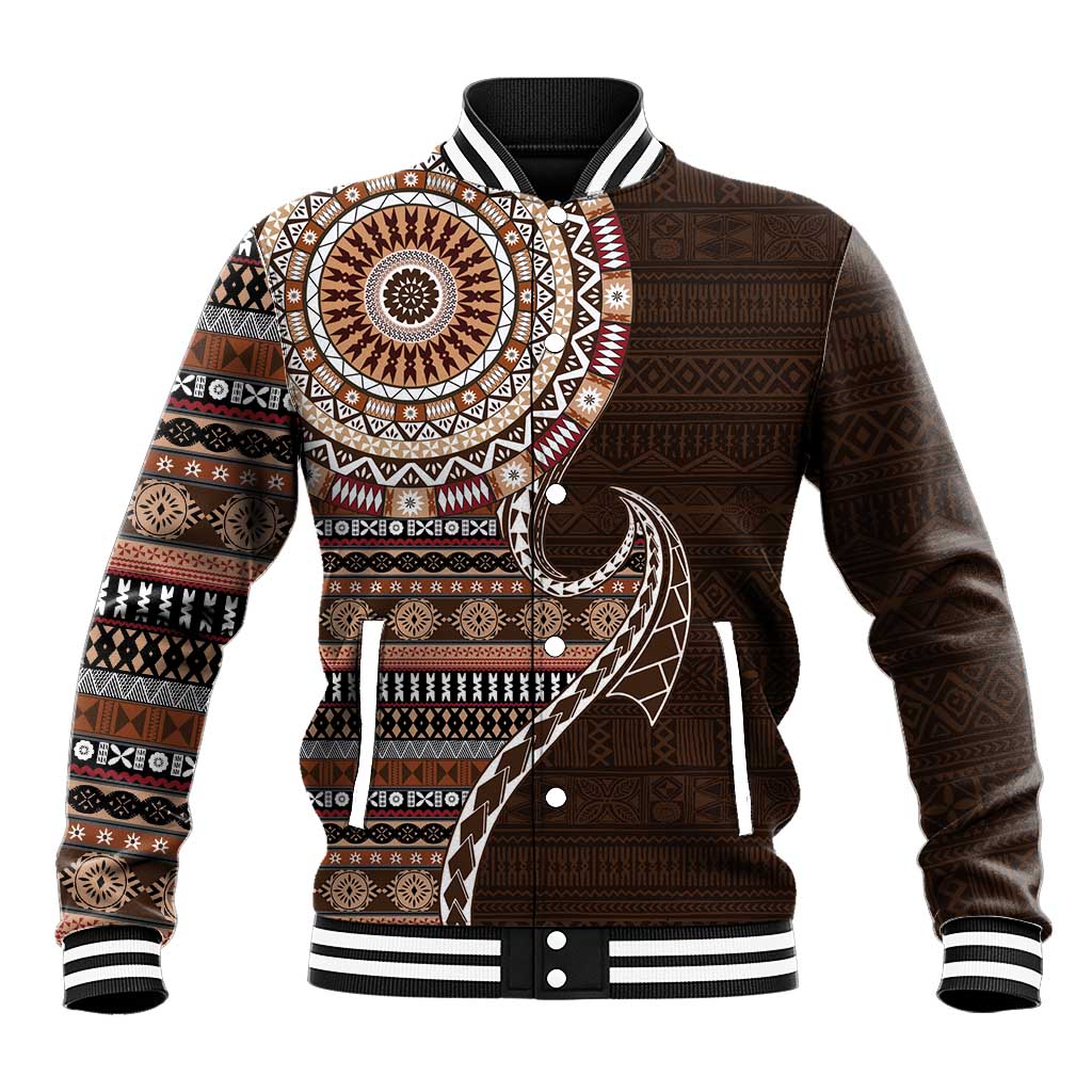 Fijian Masi Tribal Tattoos Art Pattern Baseball Jacket Brown Color Half Style - Polynesian Pride