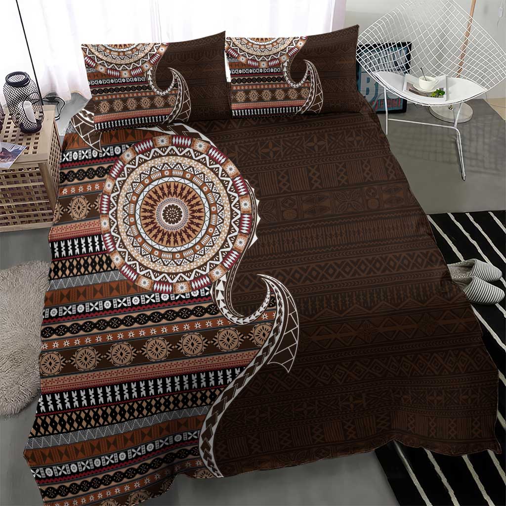 Fijian Masi Tribal Tattoos Art Pattern Bedding Set Brown Color Half Style - Polynesian Pride