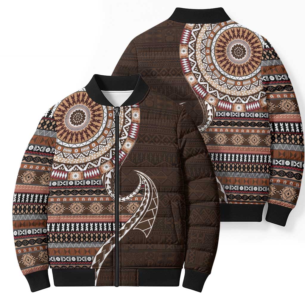 Fijian Masi Tribal Tattoos Art Pattern Bomber Puffer Jacket Brown Color Half Style - Polynesian Pride