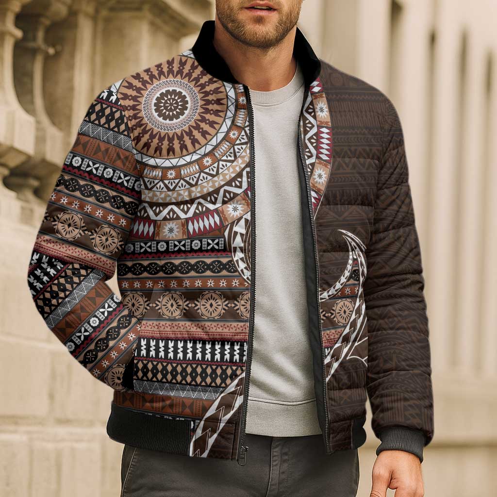 Fijian Masi Tribal Tattoos Art Pattern Bomber Puffer Jacket Brown Color Half Style - Polynesian Pride