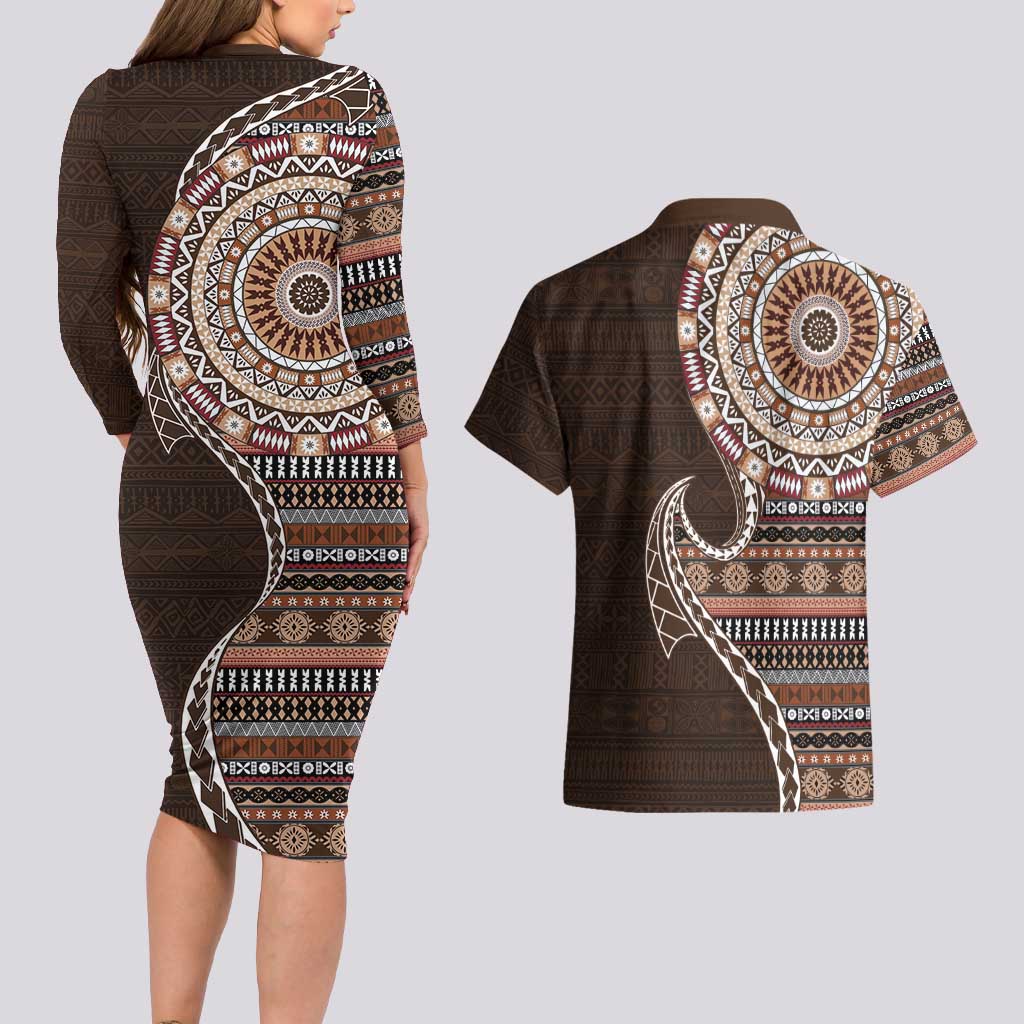 Fijian Masi Tribal Tattoos Art Pattern Couples Matching Long Sleeve Bodycon Dress and Hawaiian Shirt Brown Color Half Style - Polynesian Pride