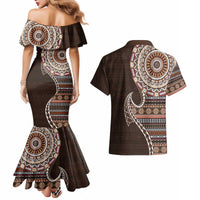 Fijian Masi Tribal Tattoos Art Pattern Couples Matching Mermaid Dress and Hawaiian Shirt Brown Color Half Style - Polynesian Pride