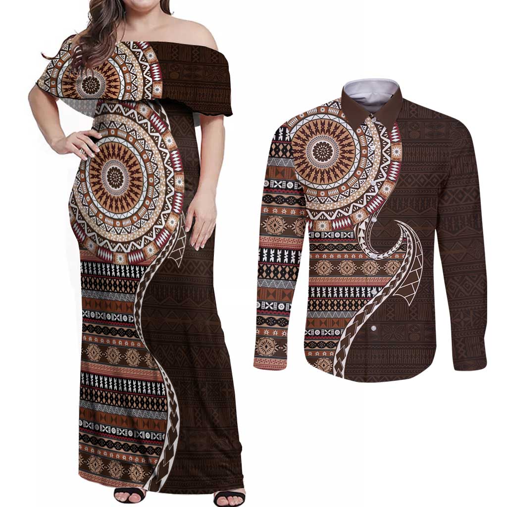 Fijian Masi Tribal Tattoos Art Pattern Couples Matching Off Shoulder Maxi Dress and Long Sleeve Button Shirt Brown Color Half Style - Polynesian Pride