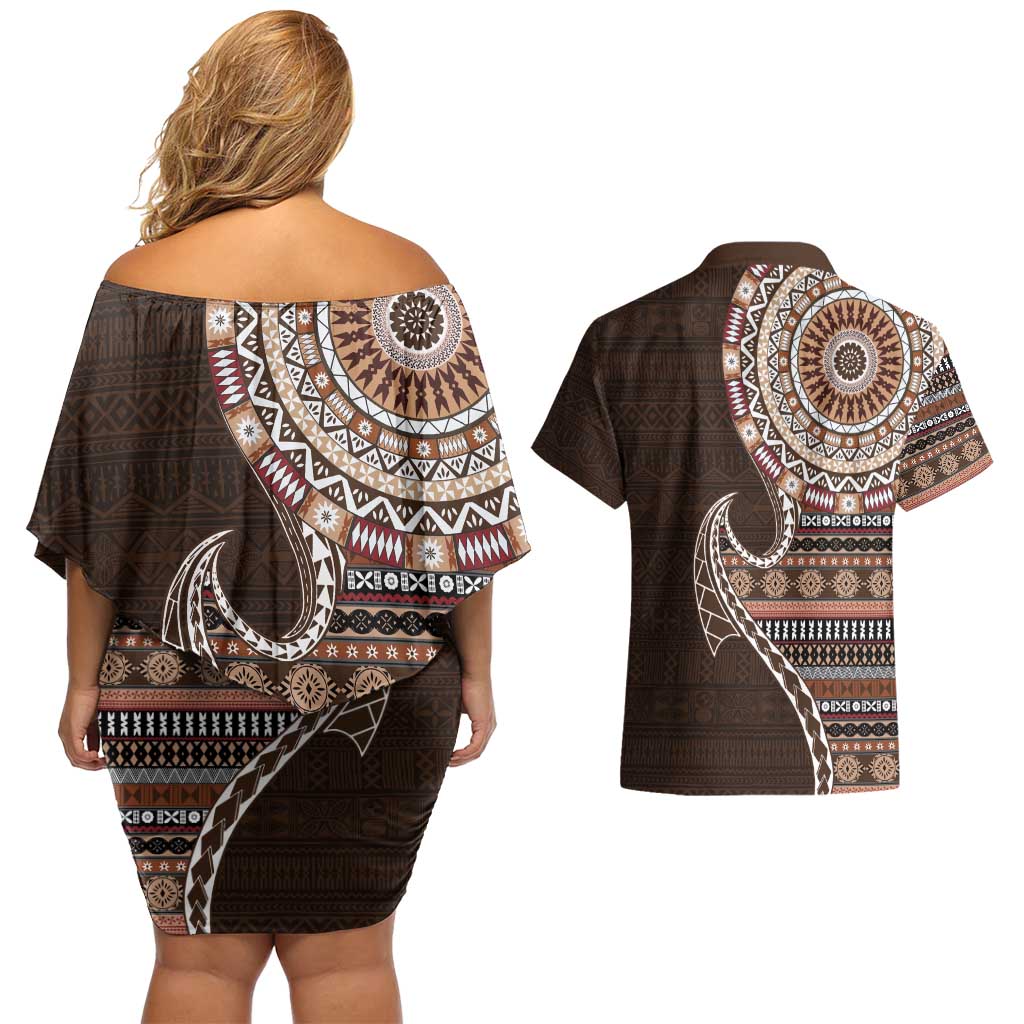 Fijian Masi Tribal Tattoos Art Pattern Couples Matching Off Shoulder Short Dress and Hawaiian Shirt Brown Color Half Style - Polynesian Pride