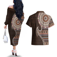 Fijian Masi Tribal Tattoos Art Pattern Couples Matching Off The Shoulder Long Sleeve Dress and Hawaiian Shirt Brown Color Half Style - Polynesian Pride