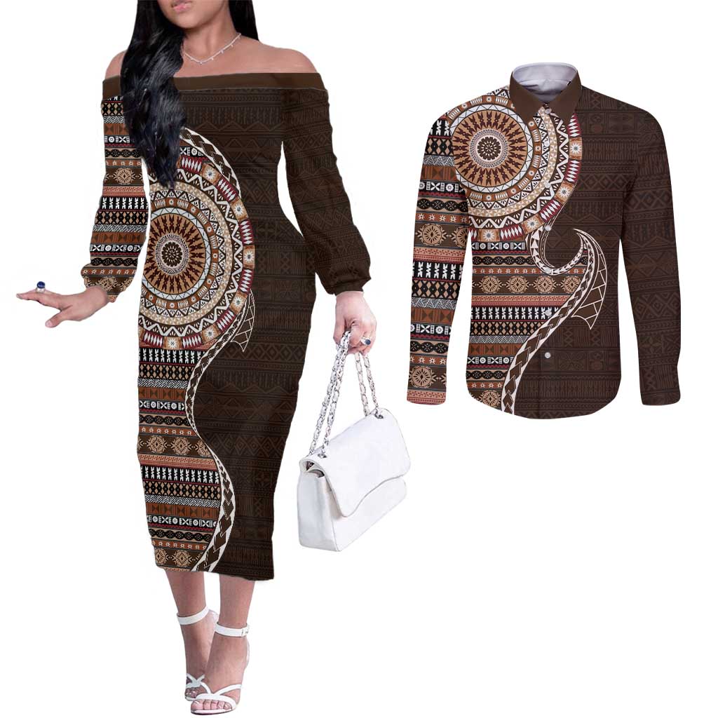 Fijian Masi Tribal Tattoos Art Pattern Couples Matching Off The Shoulder Long Sleeve Dress and Long Sleeve Button Shirt Brown Color Half Style - Polynesian Pride