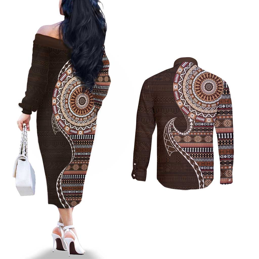 Fijian Masi Tribal Tattoos Art Pattern Couples Matching Off The Shoulder Long Sleeve Dress and Long Sleeve Button Shirt Brown Color Half Style - Polynesian Pride