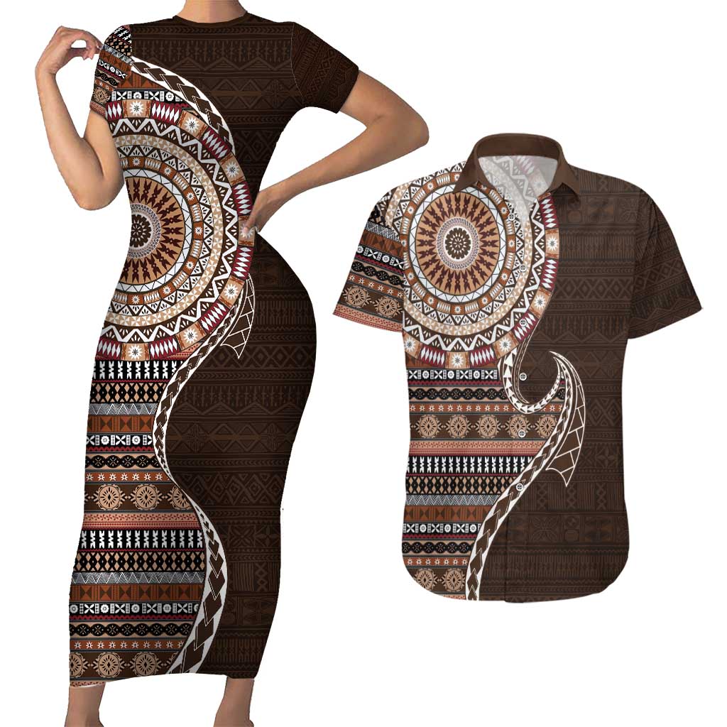 Fijian Masi Tribal Tattoos Art Pattern Couples Matching Short Sleeve Bodycon Dress and Hawaiian Shirt Brown Color Half Style - Polynesian Pride
