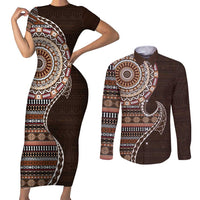 Fijian Masi Tribal Tattoos Art Pattern Couples Matching Short Sleeve Bodycon Dress and Long Sleeve Button Shirt Brown Color Half Style - Polynesian Pride