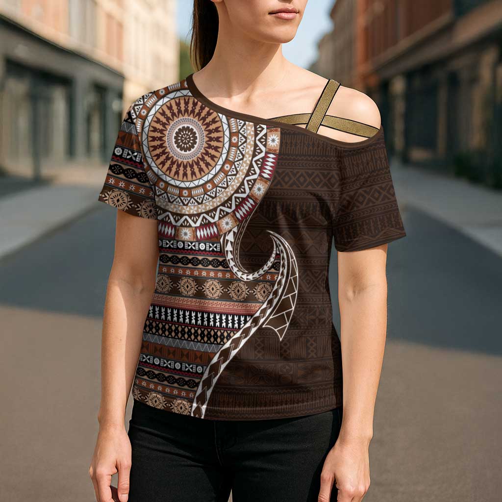 Fijian Masi Tribal Tattoos Art Pattern Cross Shoulder Shirt Brown Color Half Style - Polynesian Pride