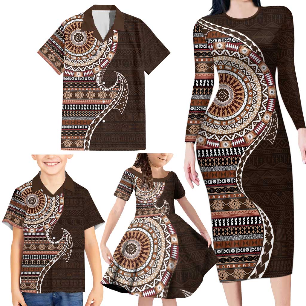 Fijian Masi Tribal Tattoos Art Pattern Family Matching Long Sleeve Bodycon Dress and Hawaiian Shirt Brown Color Half Style - Polynesian Pride