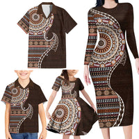 Fijian Masi Tribal Tattoos Art Pattern Family Matching Long Sleeve Bodycon Dress and Hawaiian Shirt Brown Color Half Style - Polynesian Pride