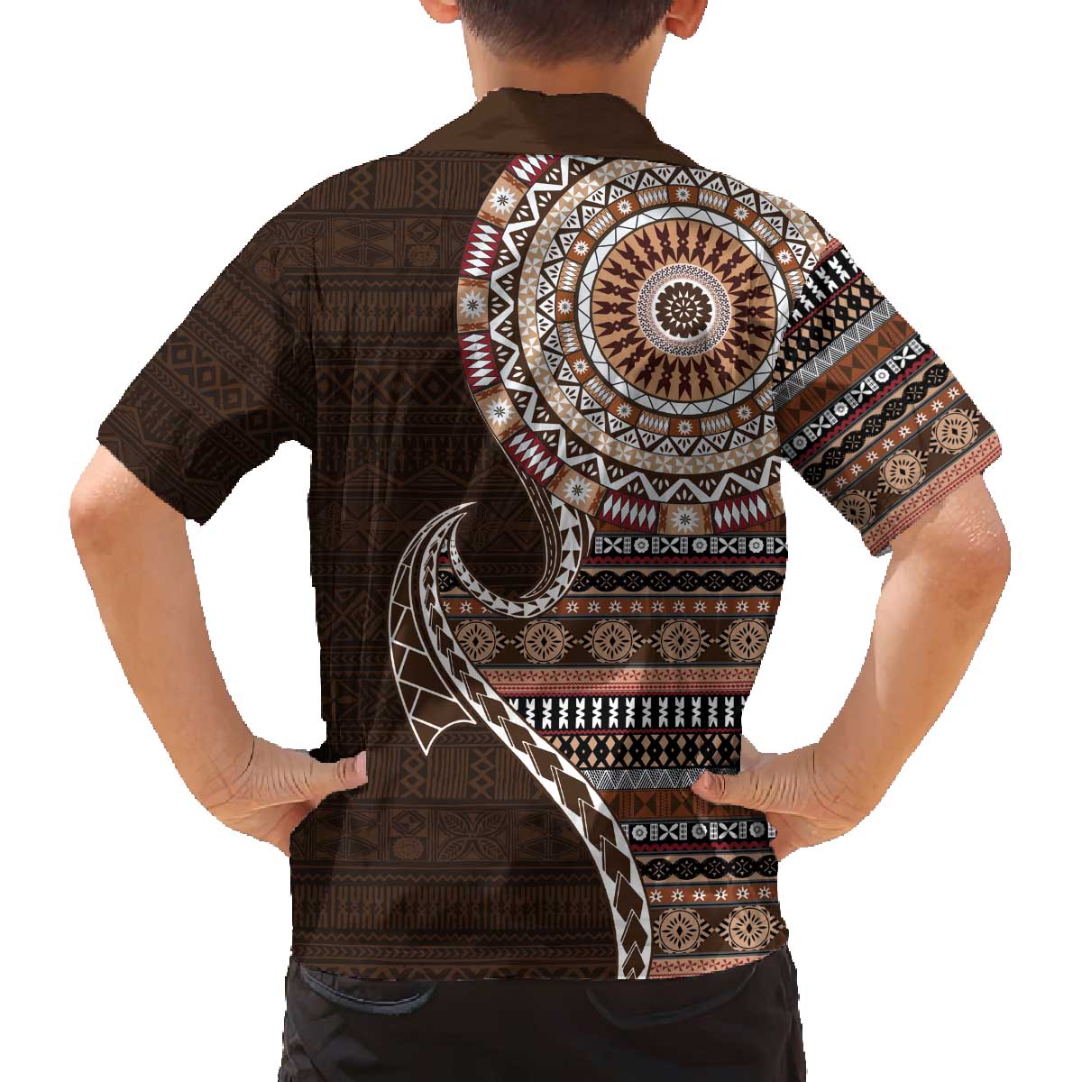 Fijian Masi Tribal Tattoos Art Pattern Family Matching Off The Shoulder Long Sleeve Dress and Hawaiian Shirt Brown Color Half Style - Polynesian Pride