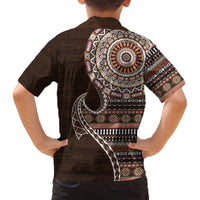 Fijian Masi Tribal Tattoos Art Pattern Family Matching Off The Shoulder Long Sleeve Dress and Hawaiian Shirt Brown Color Half Style - Polynesian Pride
