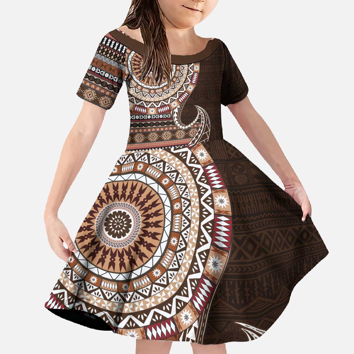 Fijian Masi Tribal Tattoos Art Pattern Family Matching Off The Shoulder Long Sleeve Dress and Hawaiian Shirt Brown Color Half Style - Polynesian Pride