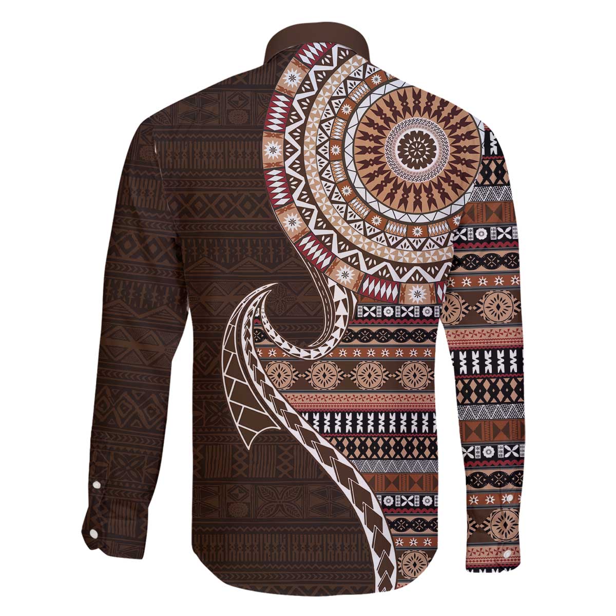Fijian Masi Tribal Tattoos Art Pattern Family Matching Off The Shoulder Long Sleeve Dress and Hawaiian Shirt Brown Color Half Style - Polynesian Pride