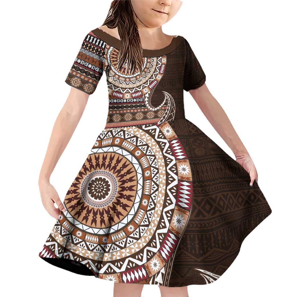 Fijian Masi Tribal Tattoos Art Pattern Family Matching Off Shoulder Short Dress and Hawaiian Shirt Brown Color Half Style - Polynesian Pride