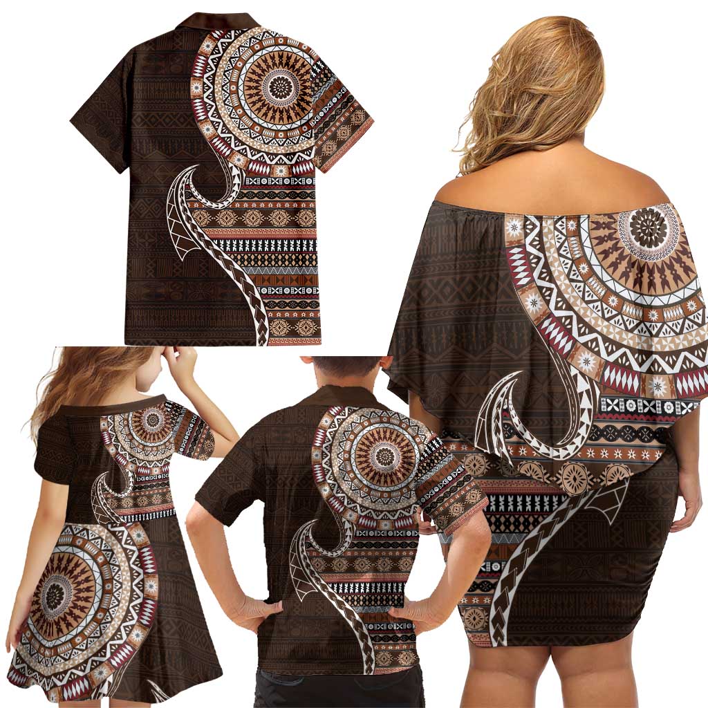 Fijian Masi Tribal Tattoos Art Pattern Family Matching Off Shoulder Short Dress and Hawaiian Shirt Brown Color Half Style - Polynesian Pride
