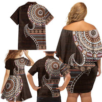 Fijian Masi Tribal Tattoos Art Pattern Family Matching Off Shoulder Short Dress and Hawaiian Shirt Brown Color Half Style - Polynesian Pride