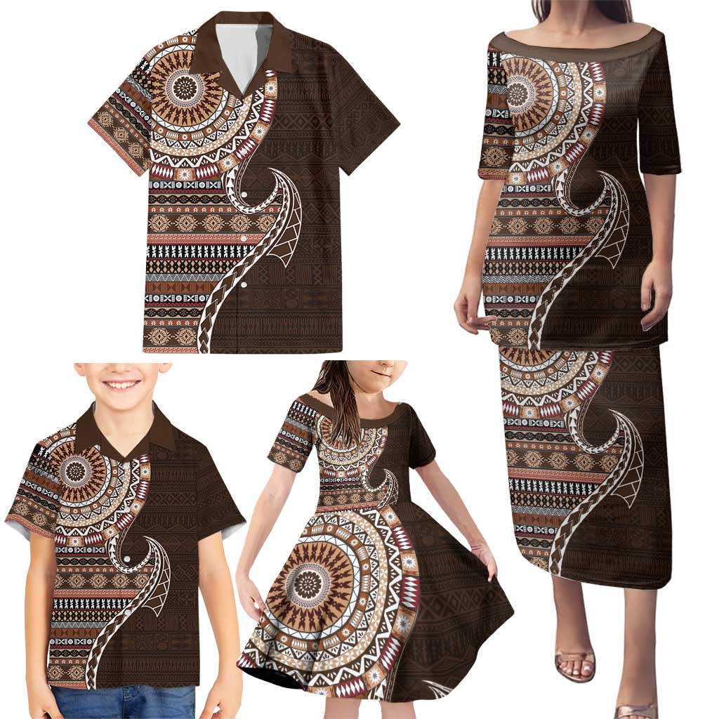 Fijian Masi Tribal Tattoos Art Pattern Family Matching Puletasi and Hawaiian Shirt Brown Color Half Style - Polynesian Pride
