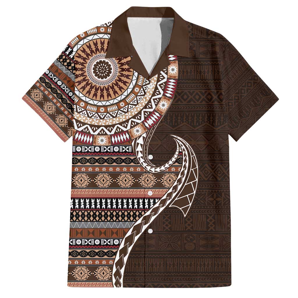 Fijian Masi Tribal Tattoos Art Pattern Family Matching Puletasi and Hawaiian Shirt Brown Color Half Style - Polynesian Pride