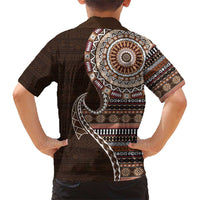 Fijian Masi Tribal Tattoos Art Pattern Family Matching Short Sleeve Bodycon Dress and Hawaiian Shirt Brown Color Half Style - Polynesian Pride