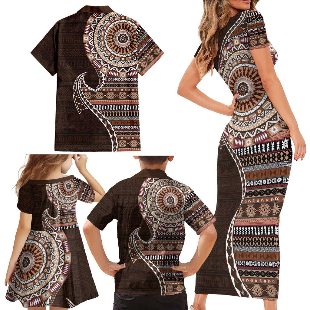 Fijian Masi Tribal Tattoos Art Pattern Family Matching Short Sleeve Bodycon Dress and Hawaiian Shirt Brown Color Half Style - Polynesian Pride